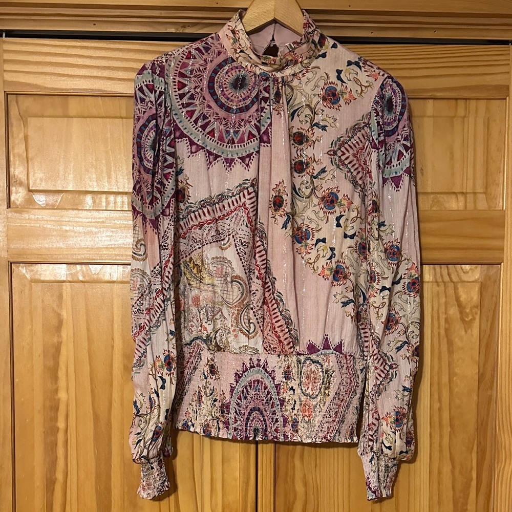 Guess Pink Paisley High-Neck Ruched Waist Blouse